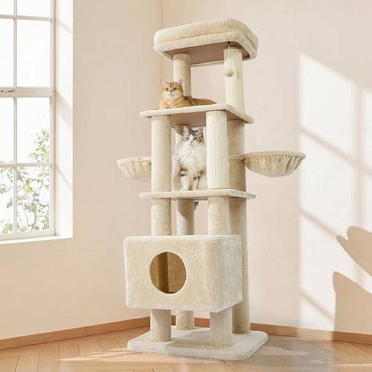 Gardner Pet 65in Heavy Duty Cat Tree Tower for Large Cats, Multi-Level Cat Furniture with Replaceable Sisal Scratching Post, Hammock | Extra-Large Platform & Condo (Upgraded Beige)-PawvioPets