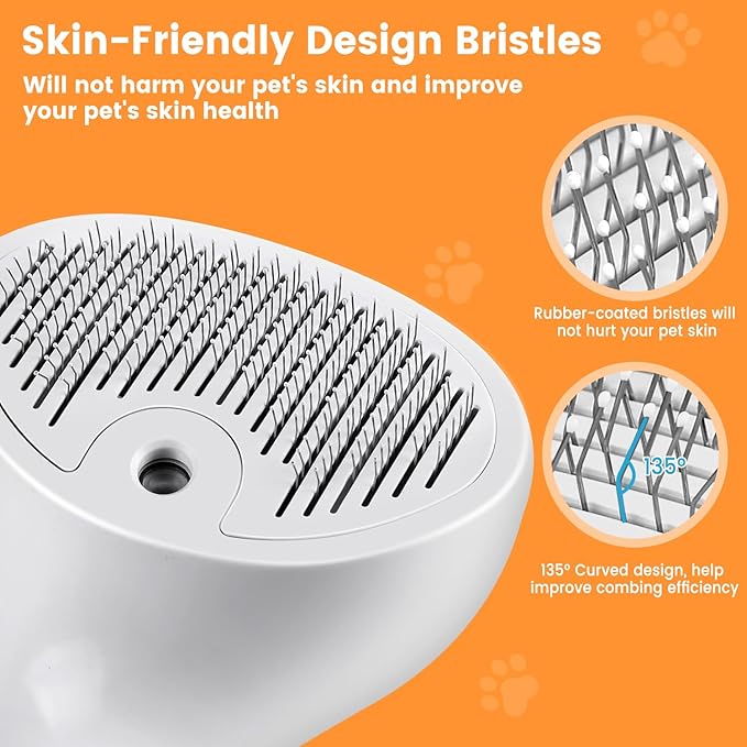 3 in 1 Cat Steam Brush for Cats & Dogs, Pet Spray Hair Removal Comb for Shedding & Grooming, Rechargeable Water Brush for Long & Short Haired Pets with Release Button(White)-PawvioPets
