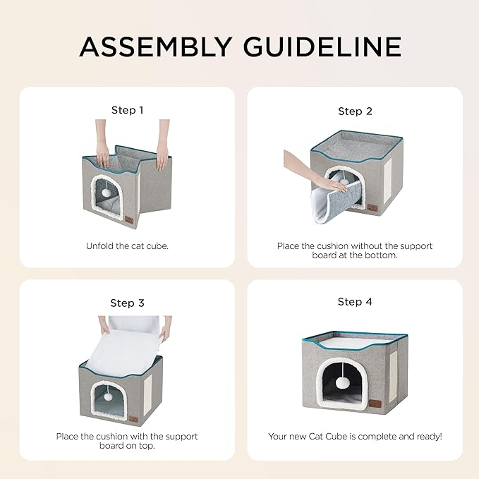 Bedsure Cat Beds for Indoor Cats - Large Cat Cave for Pet Cat House with Fluffy Ball Hanging and Scratch Pad, Foldable Cat Hideaway, 16.5x16.5x13 inches, Grey-PawvioPets