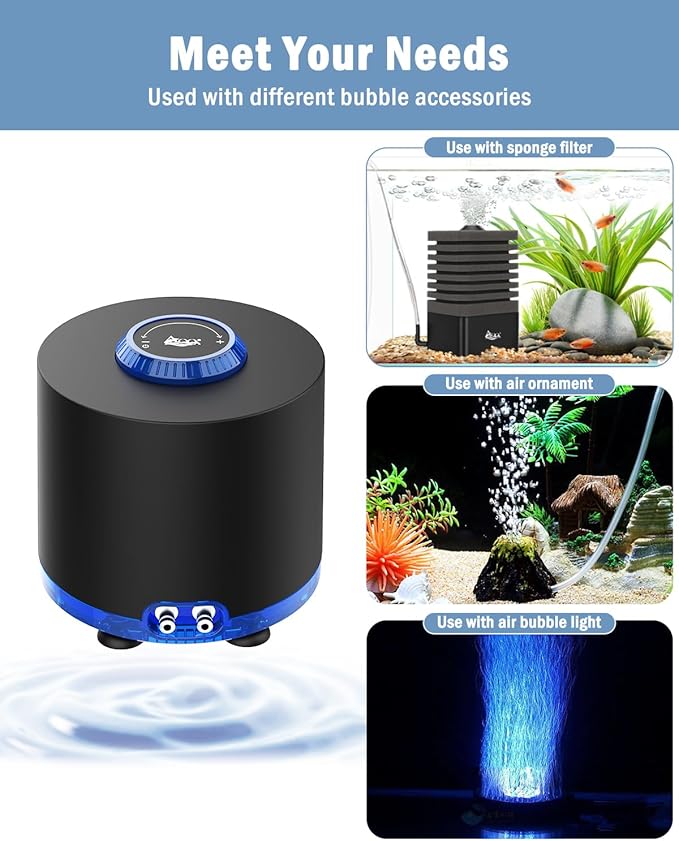 AQQA Aquarium Air Pump, Quiet Powerful Fish Tank Air Pump 3W/6W/10W with Stainless Steel Dual Outlet, Adjustable Oxygen Aerator Pump with Air Stone Bubbler for Fish Tank Up to 200 Gallon 3W (Tubby)-PawvioPets