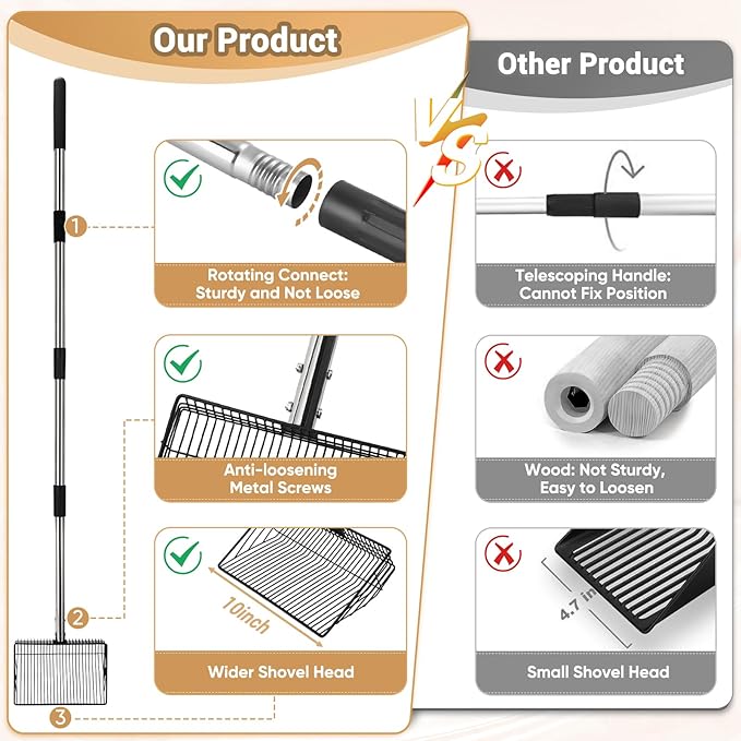 10inch Large Metal Chicken Poop Scooper, 24 to 68" Long Chicken Coop Litter Scoop with Stainless Steel Handle, 4 in 1 Multifunctional Heavy Duty Litter Sifting Shovel Chicken Coop Accessories-PawvioPets