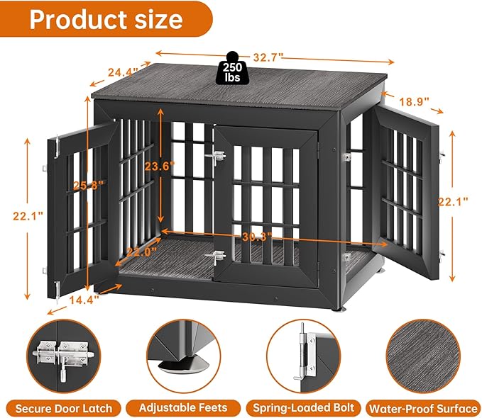 32" Heavy Duty Dog Crate Furniture for Small,Medium and Large Dogs,Rustic Wooden Dog Cage Kennel Indoor Furniture with Waterproof Top,Decorative Pet House Side End Table (Black & Grey)-PawvioPets