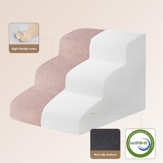 EHEYCIGA Curved Dog Stairs Ramp for Small Dogs 15.7" H, 3-Step Dog Steps for Couch Sofa and Chair, Pet Stairs for Cats, Non-Slip Balanced Pet Steps Indoor, Dusty Pink-PawvioPets