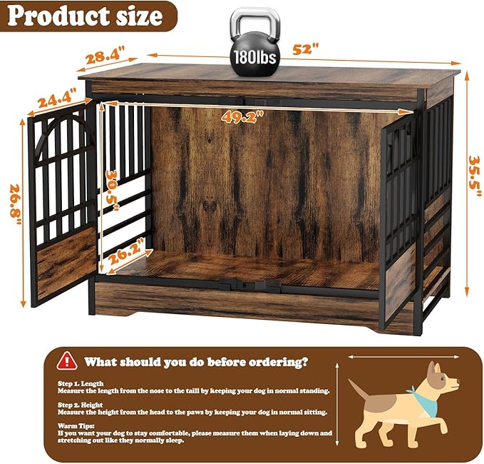 COZPAW 52 Inch Dog Crate Furniture, Extra Large Dog Kennel Indoor for XLarge Breed, Heavy Duty Dog Cage with Double Elegant Arched Doors, Decorate as TV Stand & End Table-Retro Brown-PawvioPets