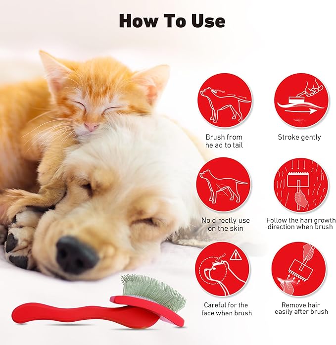 Dog Slicker Brush for Shedding and Grooming Medium or Long Haired Cats, Extra Long & Soft Pin Slicker Brush for Removes Loose Hair, Tangles, Knots, Undercoat, Free Pet Comb, Large Red-PawvioPets
