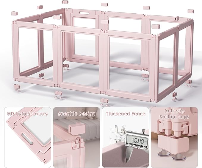 DIY Clear Acrylic Dog Playpen House,Quick Easy Assembly and Disassembly,Strong Floor Suction,Indoor and Outdoor Use,Easy Cleansing Puppy Fence (Skin Pink, 30.3" H, 8PCS)-PawvioPets