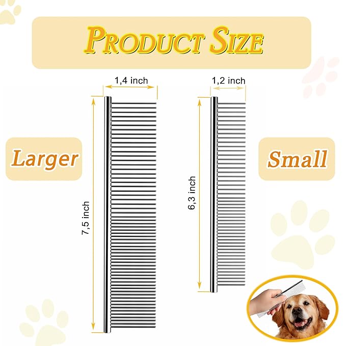 Dog Comb and Cat Combs Stainless Steel Teeth, Grooming Tool for Long & Short Hair, Dematting Comb for Dogs, Removes Tangles & Knots (Small and Large Silver)-PawvioPets