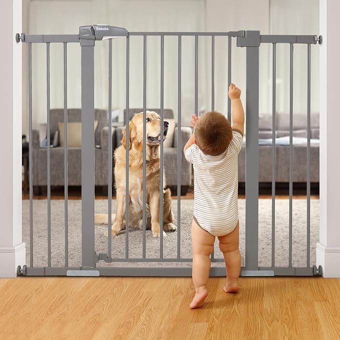 BABELIO 36 Inch Tall Metal Baby Gate, 29-48" Auto Close Pressure Mounted Dog Gate, Gray-PawvioPets