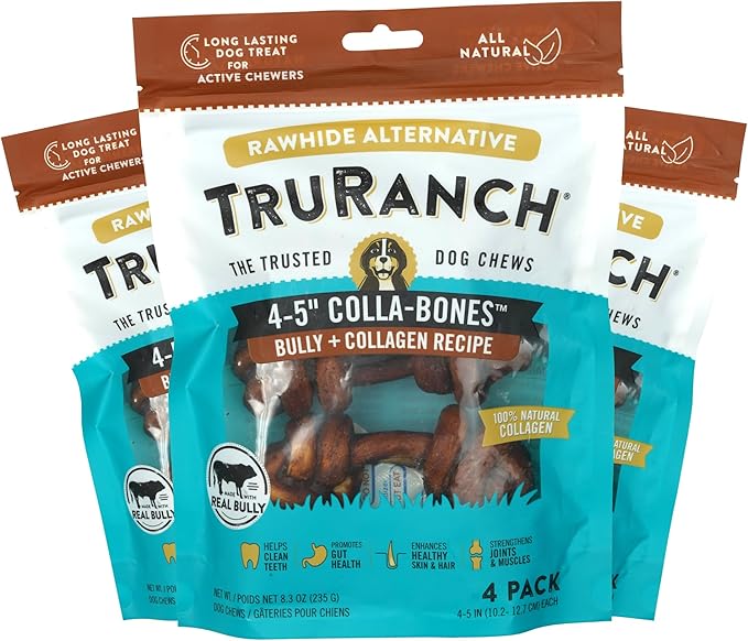 4-5" Collagen Bones, Bully - Collagen Dog Bones - Long Lasting Healthy Joint Support - Rawhide Alternative - Skin & Coat Health, Value Pack, 3 Bags, 12 Count-PawvioPets