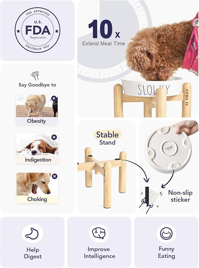 Ceramic Slow Feeder Dog Bowls Elevated for Small and Medium Breed with Wooden Stand, 1.5 Cups Dog Dishes to Slow Down Eating, Anti-Gulping Pet Feeding Dishes,White-PawvioPets