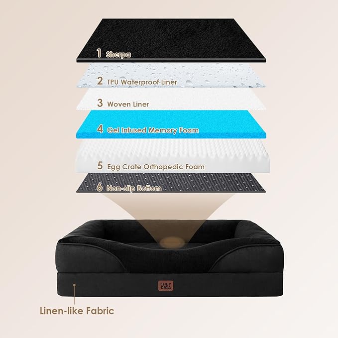 EHEYCIGA Memory Foam XXL Dog Bed for XLarge Sized, Extra Large Orthopedic Dog Sofa with Sides and Waterproof Liner, Washable Bolster Pet Couch with Removable Cover, 52x41x8 Inch, Black-PawvioPets