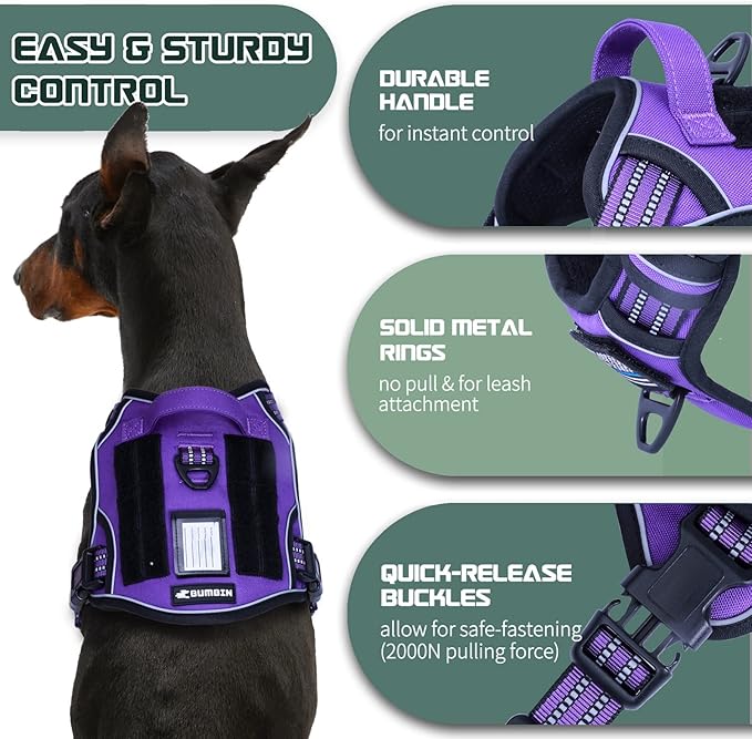 BUMBIN Tactical Dog Harness for Large Dogs No Pull, Famous TIK Tok No Pull Puppy Harness, Fit Smart Reflective Pet Walking Harness for Training, Adjustable Dog Vest Harness with Handle Purple L-PawvioPets