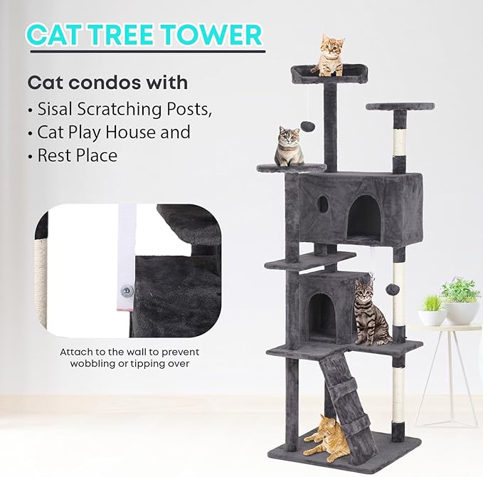 FDW Cat Tree 70in Cat Tower Multi-Level Durable Cat Scratching Post & Cozy Fun Cat Jumping Platform Space Saving Cat Condo Pet Play House for Indoor Cats,Light Gray-PawvioPets