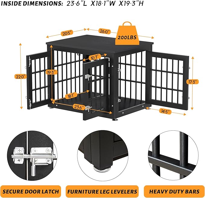 26 Inch Heavy Duty Dog Crate Furniture for Small Dogs, Decorative Pet House End Table, Wooden Cage Kennel Furniture Indoor, Black-PawvioPets