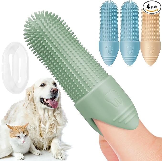 4 Pack Dog Toothbrush, 360° Cleaning Finger Brush for Dogs Teeth, Food Grade Silicone Pet Brush Fits Most Fingers, Puppy Toothbrush for Dogs & Cats Dental Care-PawvioPets