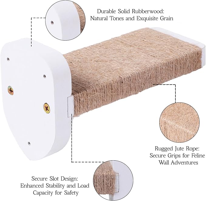 3-in-1 Cat Wall Steps with Hemp Rope, Solid Wood Cat Ladder for Climbing and Playing (Large-White)-PawvioPets