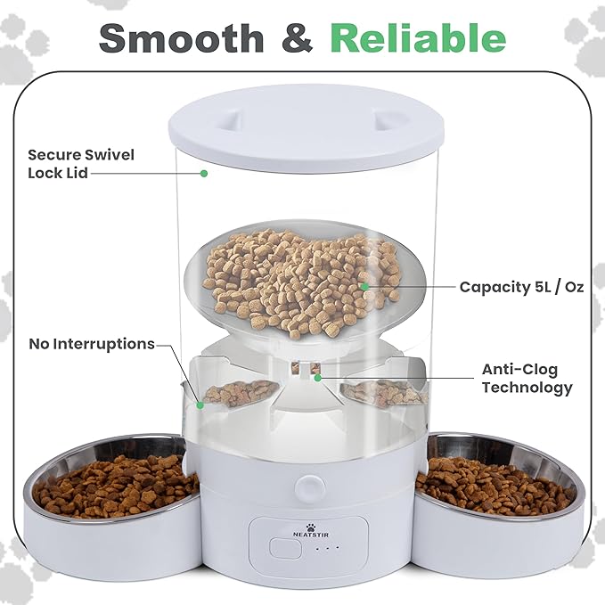 Automatic Cat Feeder for 2 Cats – Dual Food Dispenser with App Control, 5L Capacity (20 Cups), Smart Cat Food Dispenser for Multi Cats, Dual Pet Feeder with Stainless Steel Bowls and WiFi-PawvioPets