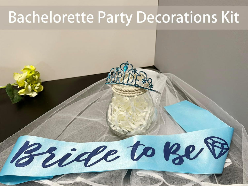 JETKONG 3 Pcs Bachelorette Party Decorations "BRIDE" Crown, Bride to Be Sash&Veil for Women Bachelorette Party Gifts, Bridal Shower Supplies, Gifts, Favors (Light Blue)