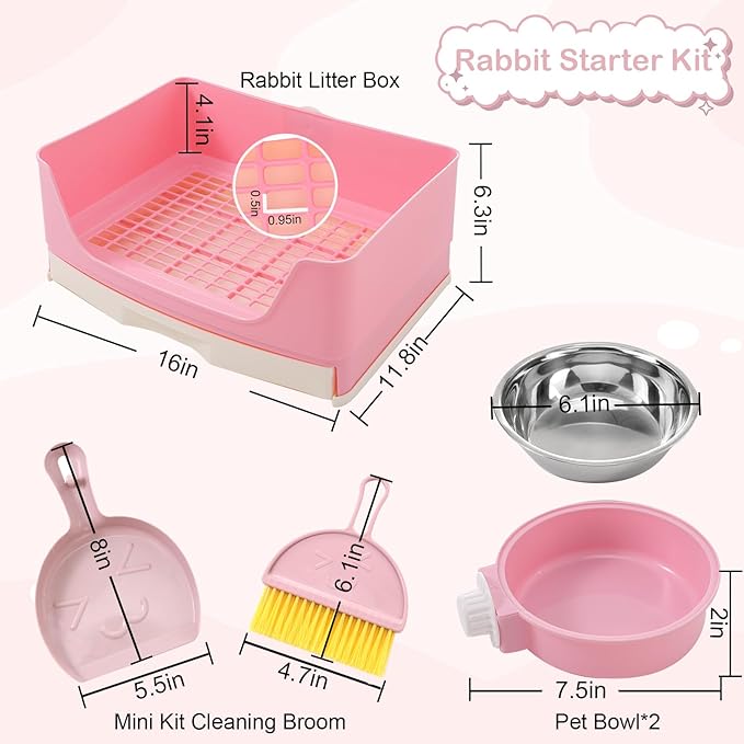 25 Pcs Large Rabbit Starter Kit, Bunny Litter Box with Drawer Animal Grooming Kit Stacking Cups Bowl Blankets Mat with Cleaning Set for Adult Guinea Pig, Ferret, Hamster, Bunnies Accessories (Pink)-PawvioPets