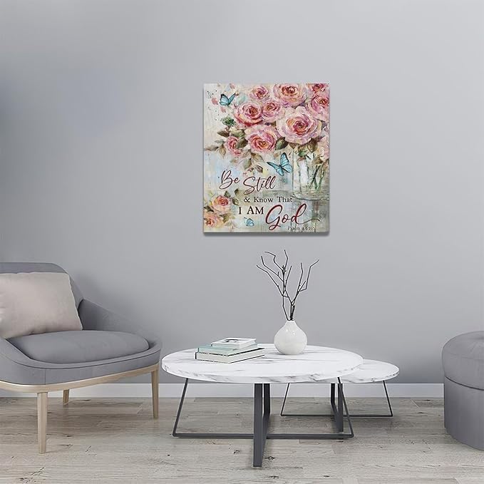 Farmhouse Rose Wall Art Christian Scripture Pictures Pink Rose Wall Decor Rustic Floral Butterfly Canvas Print Painting Artwork for Bathroom Living Room Bedroom 20"x24"-PawvioPets