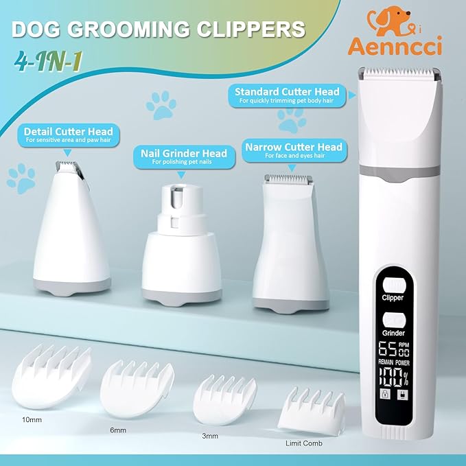 4 in 1 Dog Clippers Grooming Kit with LED Screen, Cordless Quiet Paw Trimmer & Nail Grinder, Rechargeable Waterproof Feet Ear Body Hair Shaver for Cats Dogs Pet Supplies-PawvioPets