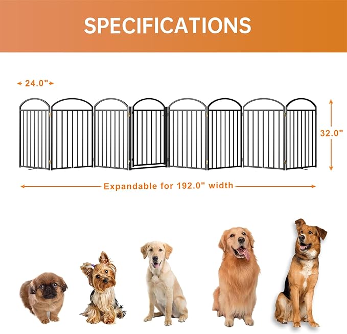 8 Panles Full Matel Freestanding Dog Gates with Door, 192"Extra Wide 32"Tall Free Standing Dog Pet Gate for Indoor & Outdoor. Foldable Pet Fences for Doorways, House, Stairs, Porch, Deck, Yard-PawvioPets
