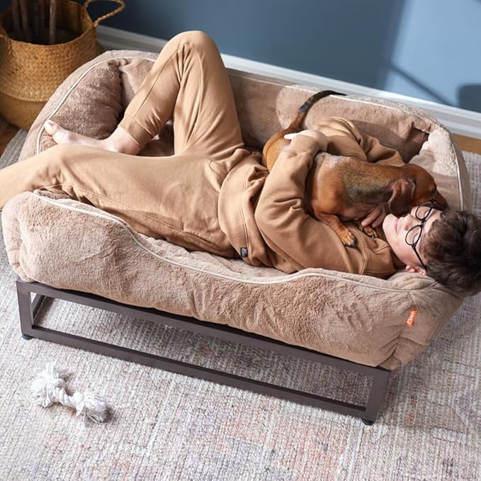 FUZI Luxury Aesthetic Dog Bed with Extra Cover for Medium Dogs, Washable Pet Couch, Pet Bed with Sides, Non-Slip Bottom, Soft & Durable Calming Bed, Faux Rabbit Fur, Medium 31.75x23.6x9.5 Light Brown-PawvioPets