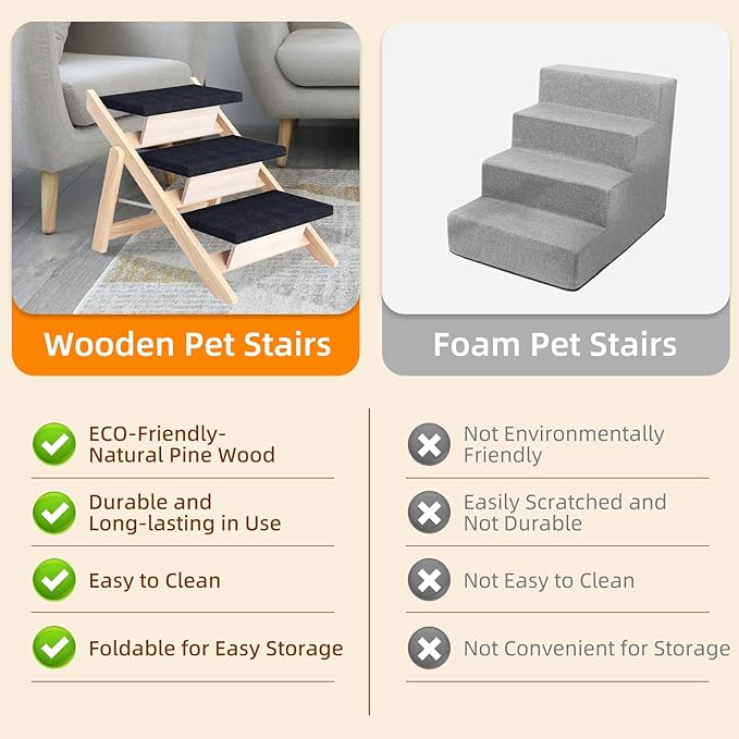 Dog Stairs/Ramp for Bed, Wooden Convertible Pet Steps, Portable Dog Ladder Up to 180 Pound for Elderly/Short-Legged Dogs, 3 Steps for Beds, Couch, Cars-PawvioPets