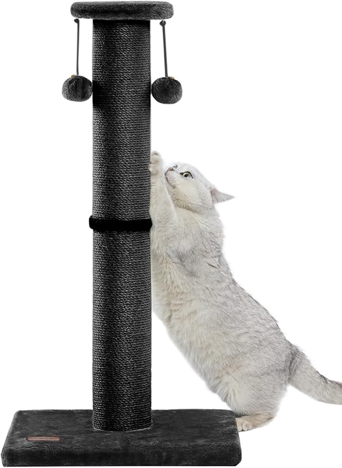 Kilodor 34Inch Tall Cat Scratching Post,4.3Inch Diameter Large Sisal Cat Scratch Post with Ball, Sturdy and Durable Cat Scratcher for Indoor Cats Adults Black-PawvioPets