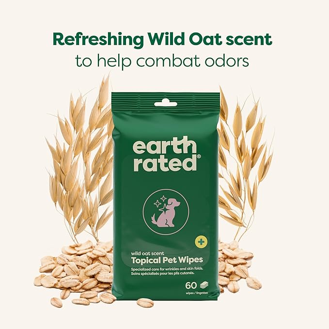 Earth Rated Wrinkle Wipes for Dogs, Perfect for Bulldogs and Pugs, to Cleanse Wrinkles and Folds, Wild Oat Scent, 60 Count-PawvioPets