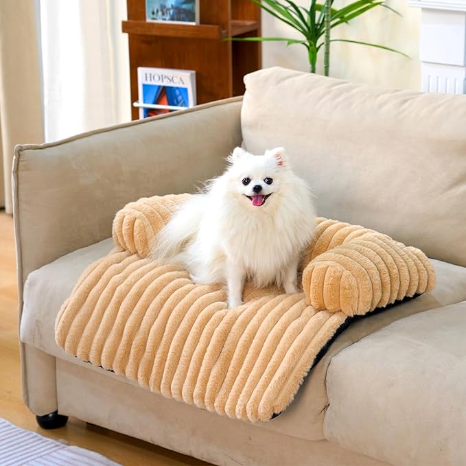 FUNNY FUZZY Pet Couch Cover for Sofa, Calming Dog Bed for Couch, Fluffy Plush Cat Bed Mat for Furniture Protector for Small Dogs and Kitten, 27×24 in, Khaki-PawvioPets