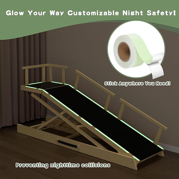 6 Level Height Adjustable Dog Ramp for Bed, Couch 65" Foldable Pet Ramp with Non-Slip Mat，DIY Glow Strips & Rest Platform Heavy Duty Dog Stairs for Large Dogs up to 200Lbs ，Wood Color-PawvioPets