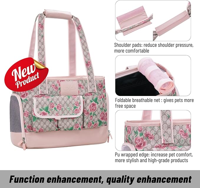 Dog Carrier, Cat Carrier, Pet Carrier, Foldable Waterproof Premium PU Leather Oxford Cloth Dog Purse, Portable Tote Bag Carrier for Small to Medium Cats and Small Dogs (Flower Pattern)-PawvioPets