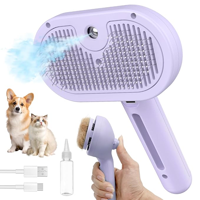3 in 1 Steam Cat Brush for Shedding - Self-Cleaning Dog Grooming Tool for Long and Short Hair Pets - Removes Static, Flying Hair, and Loose Fur (Purple)-PawvioPets