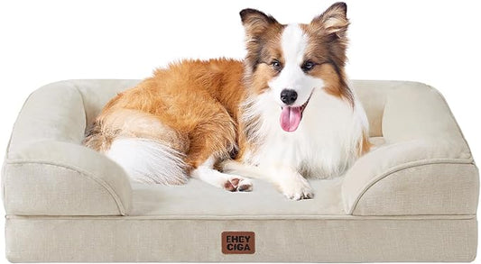 EHEYCIGA Orthopedic Dog Beds for Large Dogs, Waterproof Memory Foam Large Dog Bed with Sides, Non-Slip Bottom and Egg-Crate Foam Pet Couch Bed with Washable Removable Cover, Beige-PawvioPets