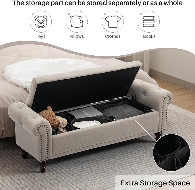 58.1'' Storage Bench Upholstered Linen End of Bedroom Bed Bench Ottoman with Tufted Cushioned Rolled Arm Large Storage Space for Reading Living Room Entryway, Light Brown-PawvioPets