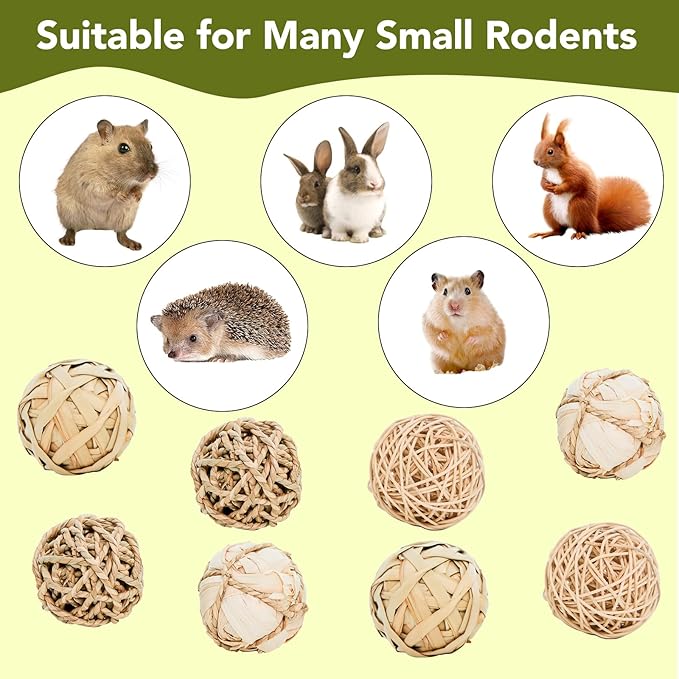 8 Pack Small Pet Chew Toys - 7cm Natural Woven Balls for Rabbits, Guinea Pigs, Hamsters (2 Seagrass, 2 Rattan, 2 Corn Husk, 2 Seaweed Rope) - Safe Dental Grinding Toys-PawvioPets