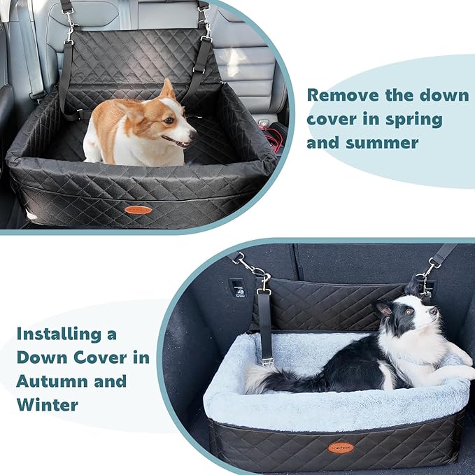 Dog Car Seat for Large/Medium Pet, Anti Slip Bottom Dogs Booster Seat for All Seasons,Pet Travel Bed with Thick Dog Sofa Cushion,2 Safety Leashes(Black)-PawvioPets