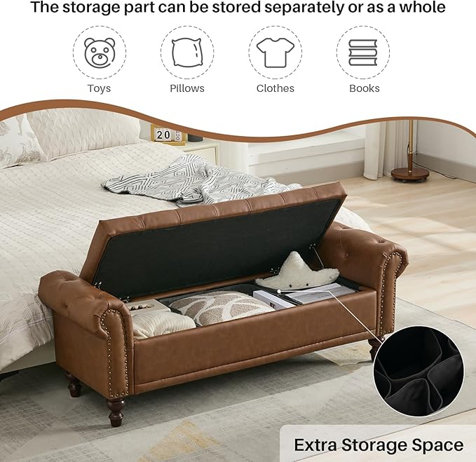 58.1'' Storage Bench Upholstered PU Leather End of Bedroom Bed Bench Ottoman with Tufted Cushioned Rolled Arm Large Storage Space for Reading Living Room Entryway, Brown-PawvioPets
