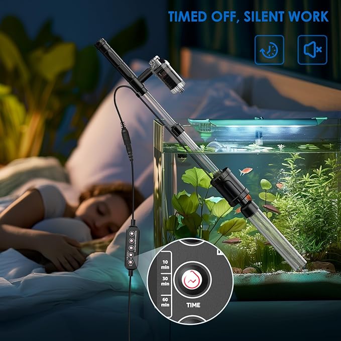 36W Fish Tank Vacuum Gravel Cleaner Electric: Aquarium Vacuum Gravel Cleaner with Strong Suction for Automatic Water Change Algae Cleaner Sand Wash Water Circulation and Water Shower, Timed Off-PawvioPets