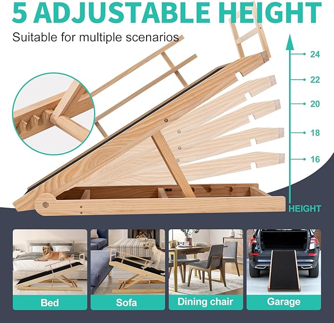 Dog Ramp, 5 Level Adjustable Wooden Folding Pet Ramp for Middle Bed, Couch,SUV-High Traction, Portable Paw Ramps for Small & Large Old Dogs & Cats - Furniture Quality-PawvioPets