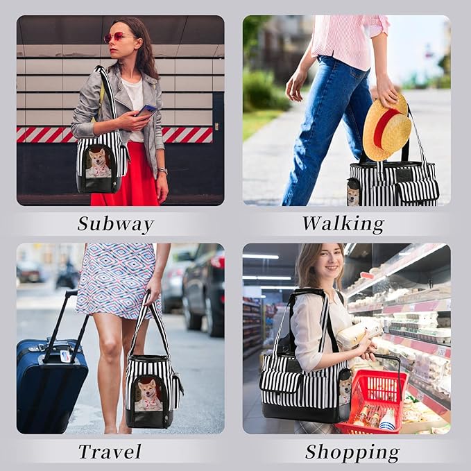 Cat Carrier, Dog Carrier, Pet Carrier, Foldable Waterproof Premium PU Leather Oxford Cloth Dog Purse, Portable Bag Carrier for Small to Medium Cat and Small Dog - Black White Stripes New-PawvioPets