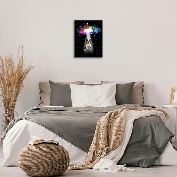 Funny Dog Wall Art Canvas Boston Terrier Wall Decor Prints Framed Painting Bulldog Galaxy Pictures Gifts Artwork for Bathroom 16"x20"-PawvioPets