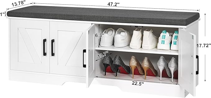 2-Tier Storage Bench, Shoe Bench with Padded Seat Cushion, Entryway Bench with 4 Barn Doors, Adjustable Shelf, 13.8" D x 47.2" W x 17.7" H, for Entryway, Living Room, Bedroom, White-PawvioPets