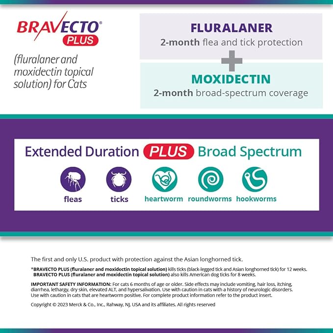 BRAVECTO PLUS Topical Solution for Cats, Flea, Tick & Heartworm, 2 Months Supply, 6.2-13.8 lbs., Blue Box-PawvioPets