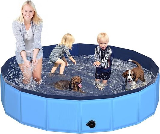 87" x 12" Foldable Dog Pool - Collapsible Hard Plastic Kiddie Pool for Dogs & Kids, Non-Slip Pet Bath Tub for Outdoor Backyard Use, Lightweight & Portable (Blue)-PawvioPets