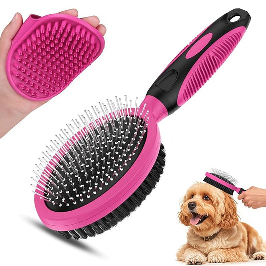 2PCS Pet Grooming Tools - Double-Sided Brush for Shedding and Bathing, Suitable for Short/Long Haired Dogs Cats and Horses, Deshedding Dog Brush, Mane & Tail Combs for Horses - Pet Supplies (Pink)-PawvioPets