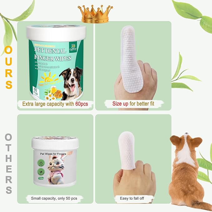 60 Count Dog Dental Wipes - Teeth Cleaning Finger Wipes for Dogs & Cats, Hypoallergenic Dog Toothbrush Finger Dental Wipes to Remove Plaque & Tartar, Freshen Bad Breath, Gentle Cleaning(4.7″*1.7″)-PawvioPets
