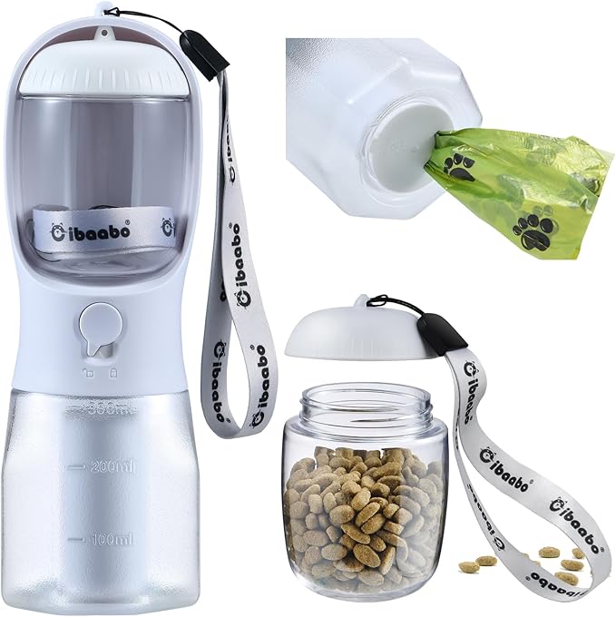 Dog Water Bottle with Food Container & Poop Bag Holder, Travel Water Bowl, Portable Pet Dispenser, Dog Stuff Accessories Items, Puppy Essentials Necessities for Yorkie Chihuahua Walking Hiking-PawvioPets