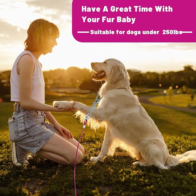 Dog Tie Out Cable 10/15/20/25/30FT Dog Run Cable Rosy Pink/Blue/Purple/Silver/Red/Green/YellowTie Out Cable for Large Dogs Heavy Duty for Outside Hold Large Dogs Up to 250LBS-PawvioPets